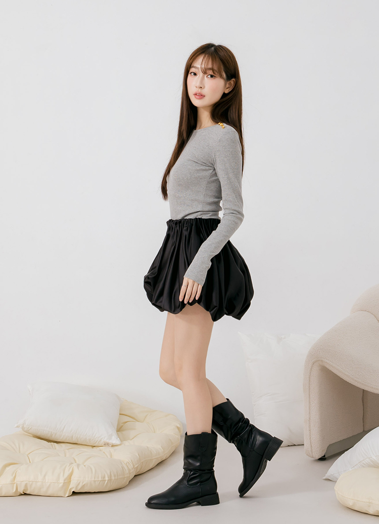 Grace Gift 平價女鞋 秋日復古 皮革V口抓皺西部堆堆靴 黑色 實拍圖