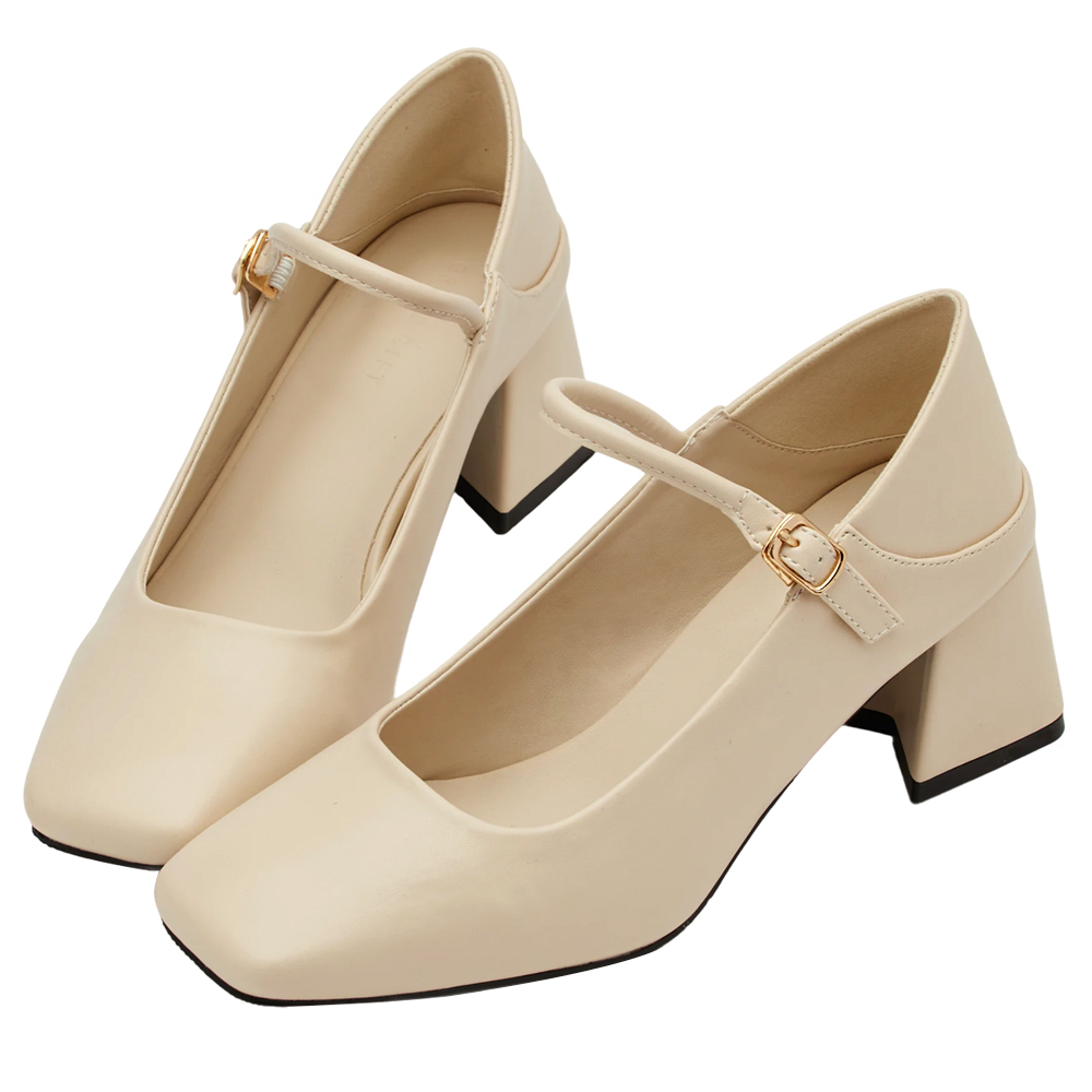 GraceGift平價女鞋 銀河系 方頭 中高跟 瑪莉珍芭蕾舞鞋 米白