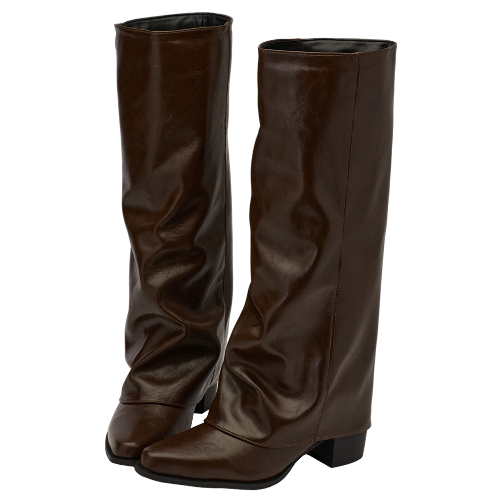 時尚秀場尖頭中跟堆堆褲管長靴 咖