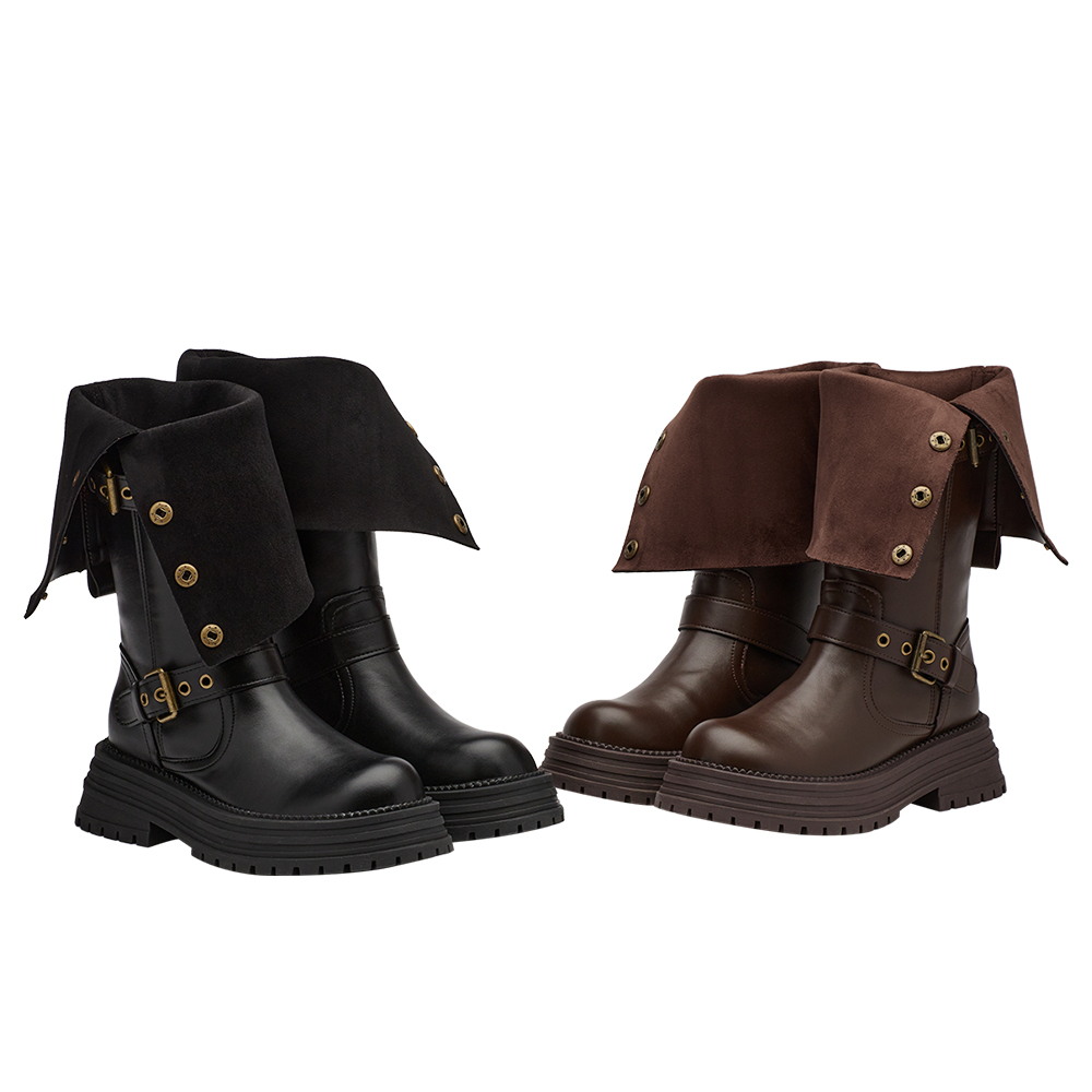 聖水街頭2WAY反折皮帶卯釘顯瘦長靴 黑