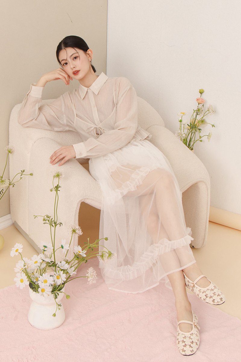 法式少女蕾絲花朵透膚平底瑪莉珍鞋