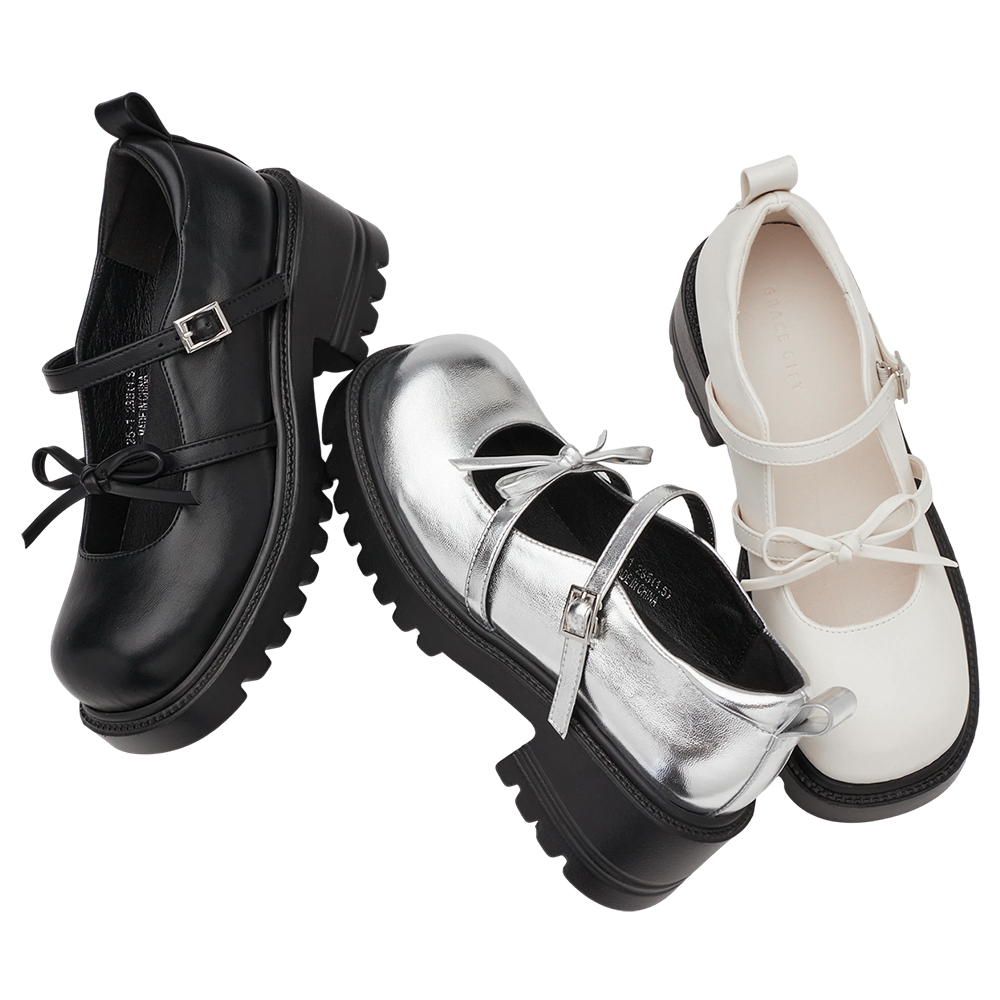 韓系方頭蝴蝶結雙帶輕量瑪莉珍鞋 黑