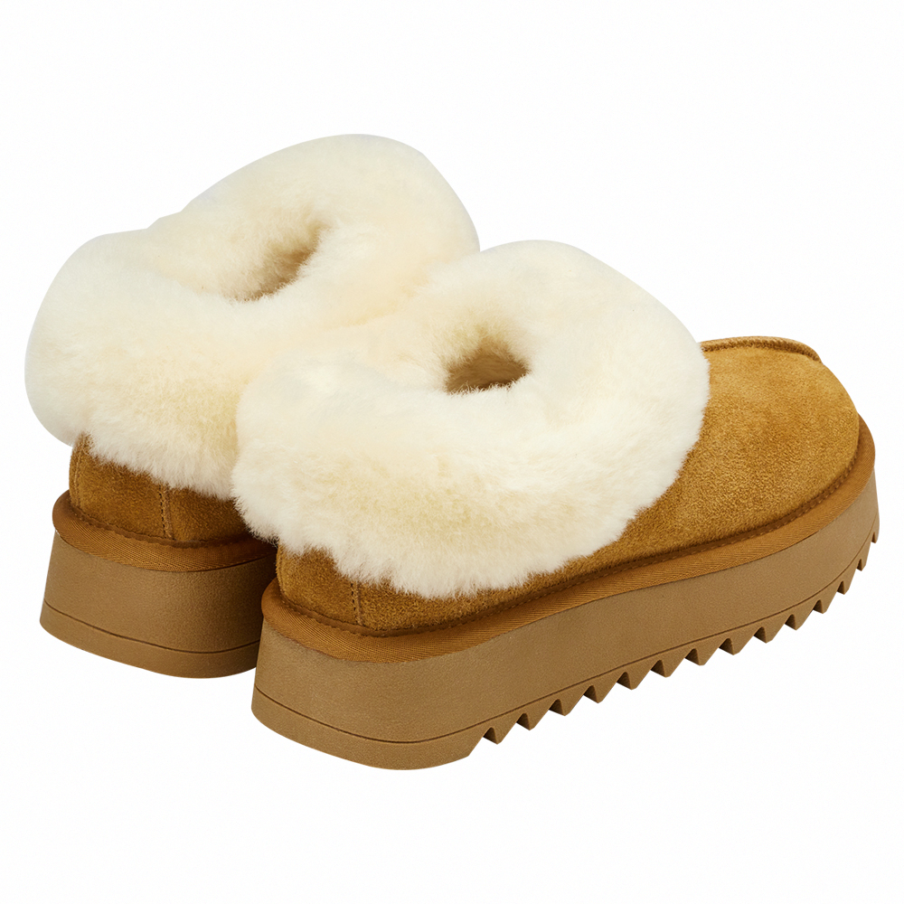 時髦雲朵暖絨牛麂皮短筒厚底雪靴 栗子