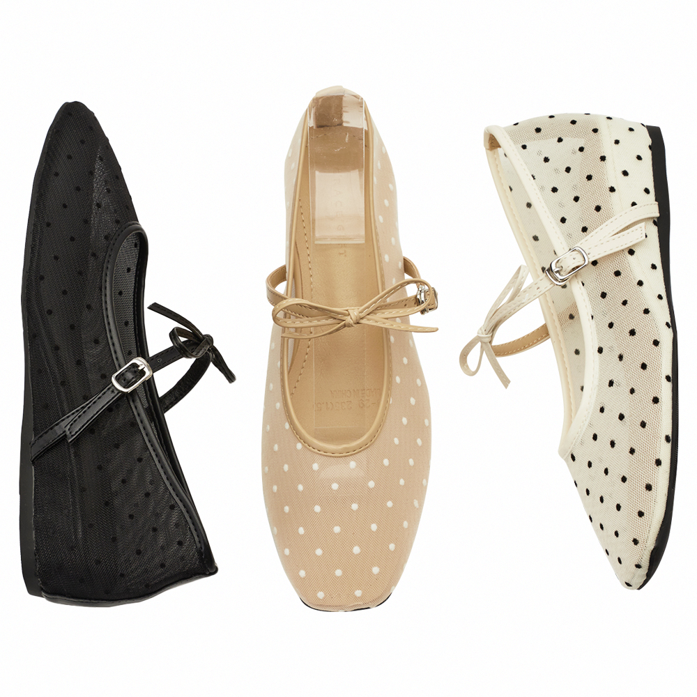 GraceGift平價女鞋 日系水玉 蝴蝶結網紗 內增高瑪莉珍鞋 米白色