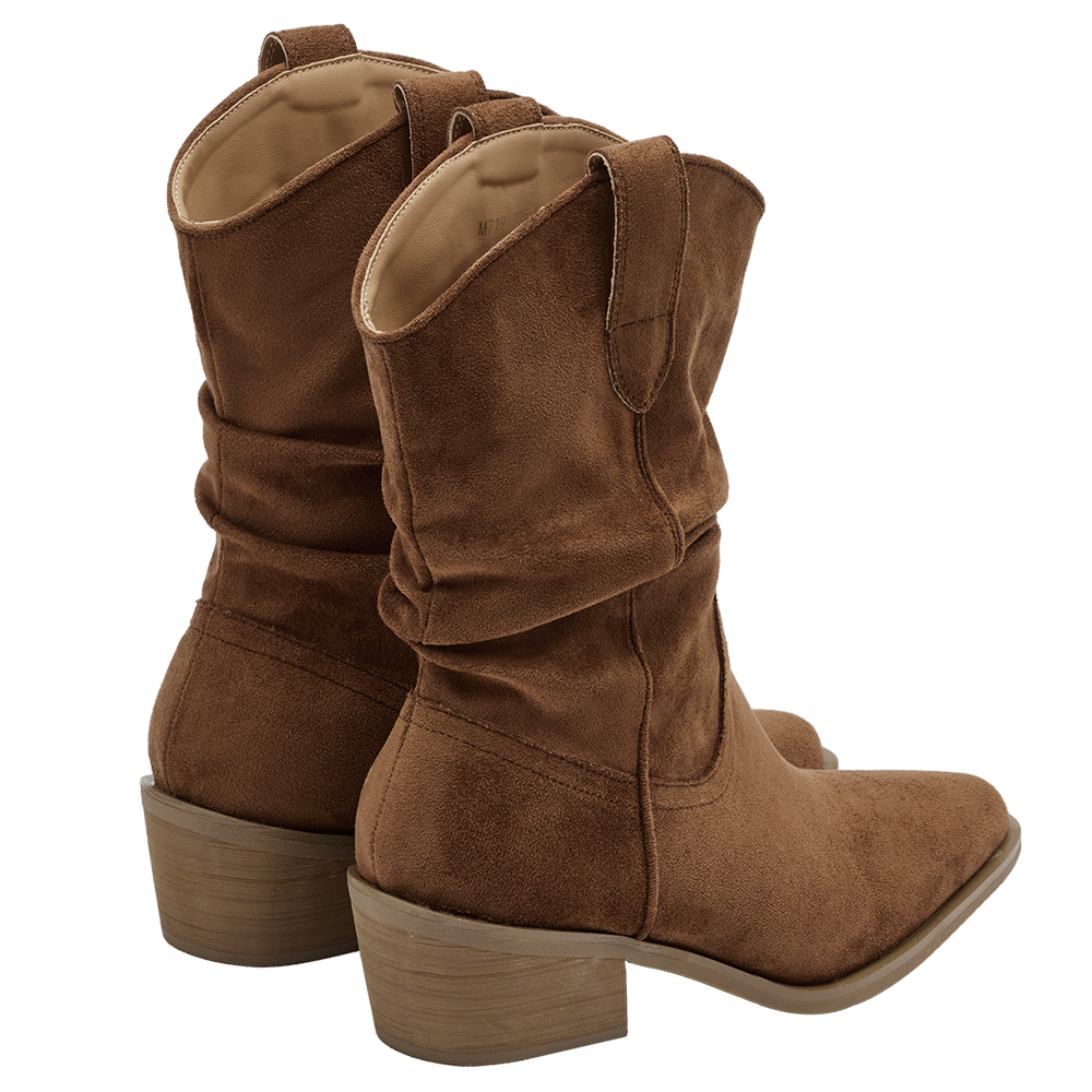 波希米亞尖頭V口絨布堆堆西部靴 棕