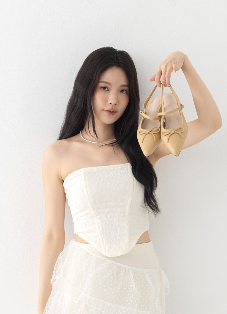 GraceGift 平價女鞋 法式尖頭 蝴蝶結後簍空芭蕾舞平底鞋 淺駝色