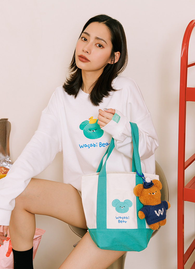 GraceGift Wasabi Bear聯名 芥末熊 撞色口袋肩背帆布包 藍綠色