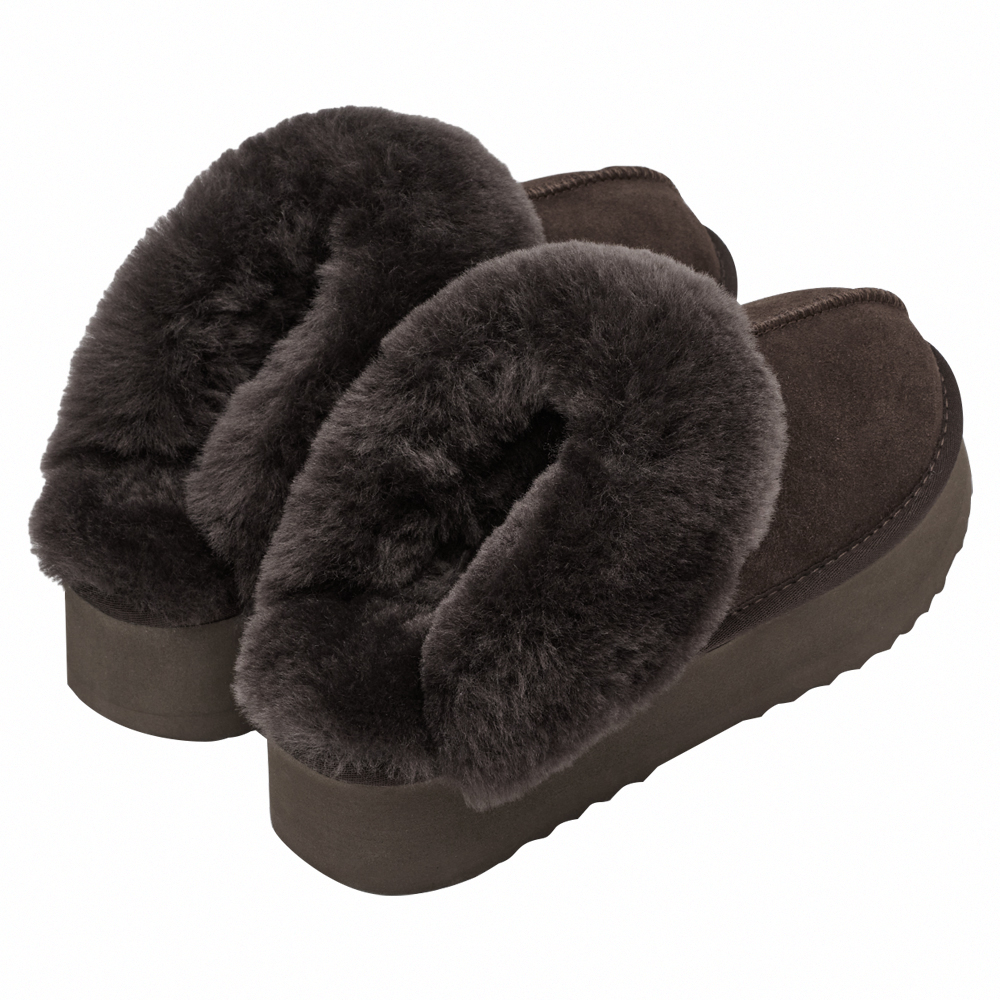 牛麂皮羊毛厚底雪地拖鞋 咖