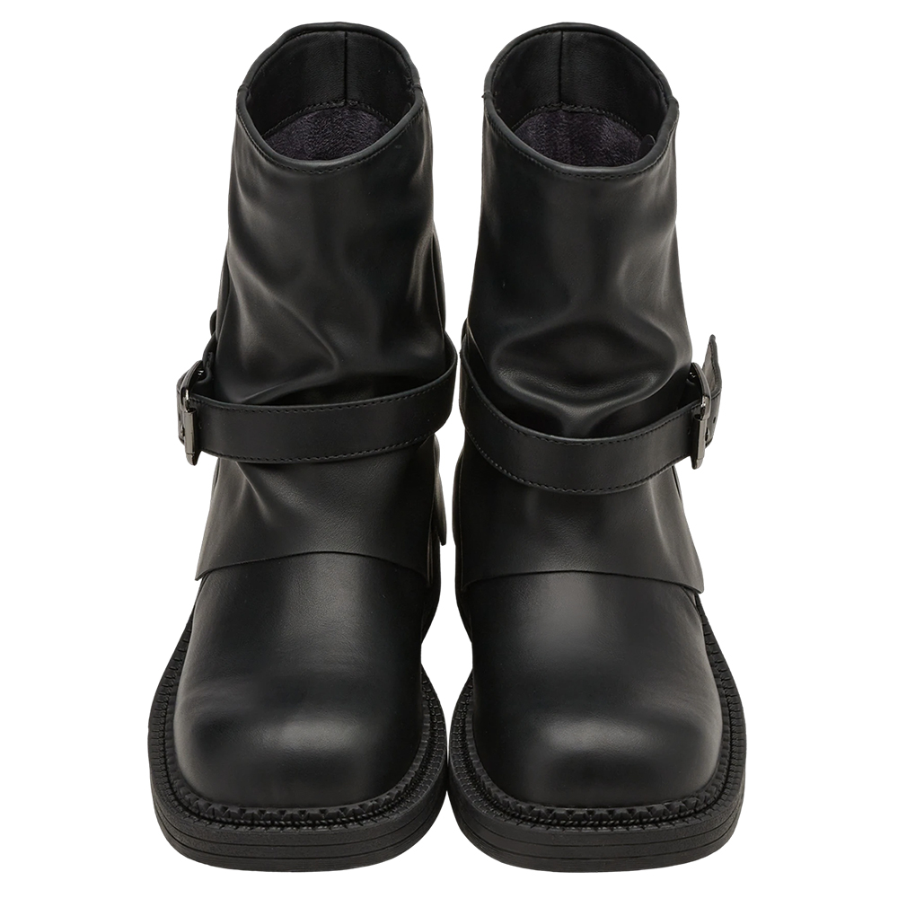 前衛時尚皮帶扣皺褶寬筒褲管短靴 黑