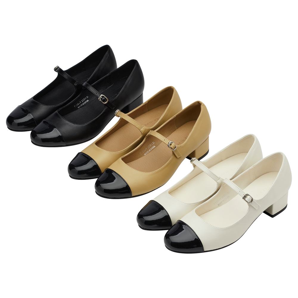 GraceGift平價女鞋 時尚秀場 圓頭 經典法式雙色小香風低跟瑪莉珍鞋  黑色