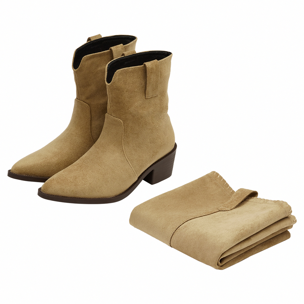 超模尖頭絨布2way可拆式褲管西部長靴 卡其