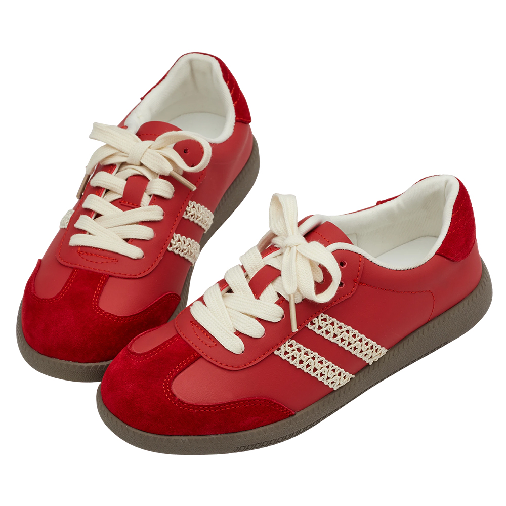 GraceGift 平價女鞋 復古摩登 真皮拼接薄底德訓鞋 附柔光紗帶 正紅色 實品圖