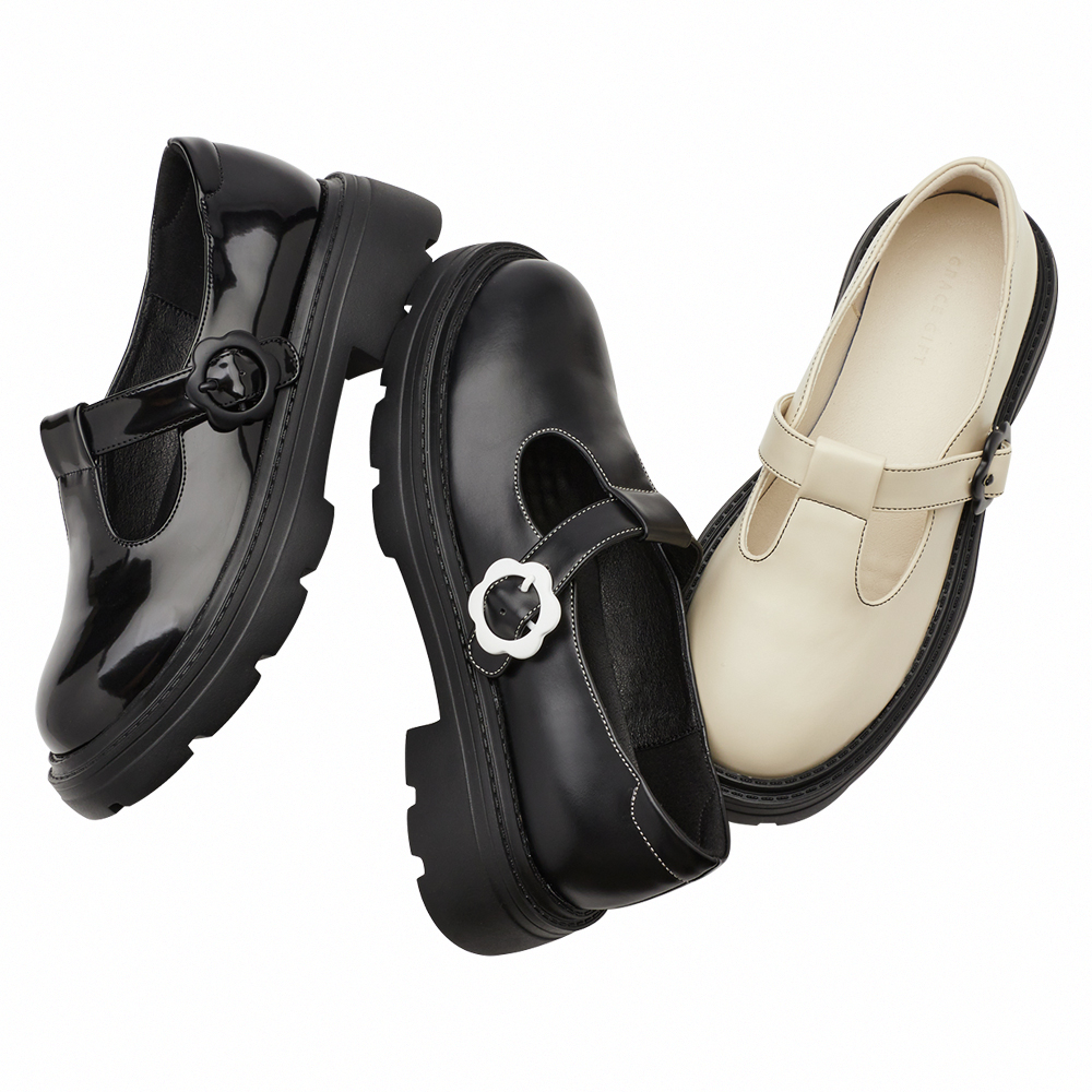 日系可愛小花扣T字輕量瑪莉珍鞋 黑漆