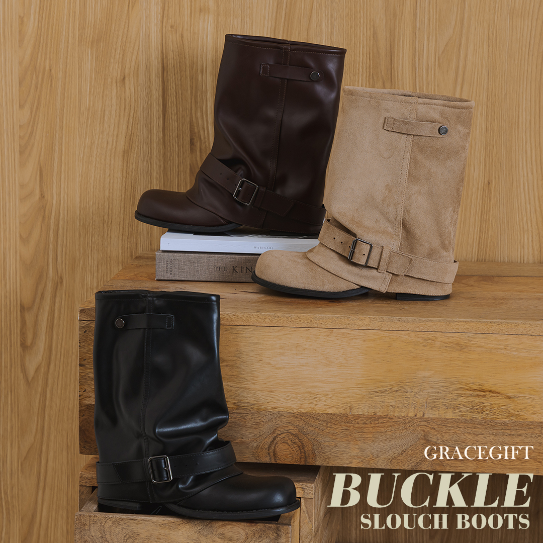 GraceGift中筒靴咖色堆堆筒身搭配雙釦帶設計