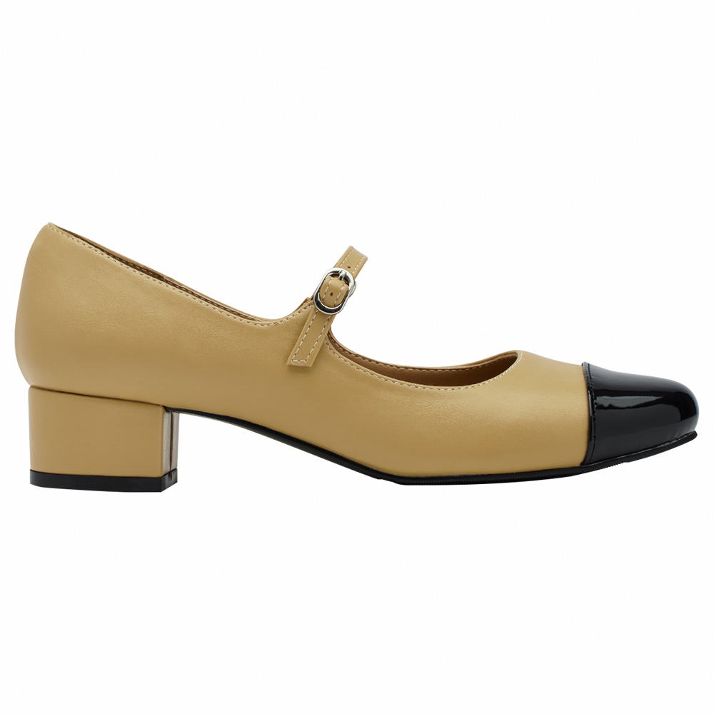 GraceGift平價女鞋 時尚秀場 圓頭 經典法式雙色小香風低跟瑪莉珍鞋  淺駝色