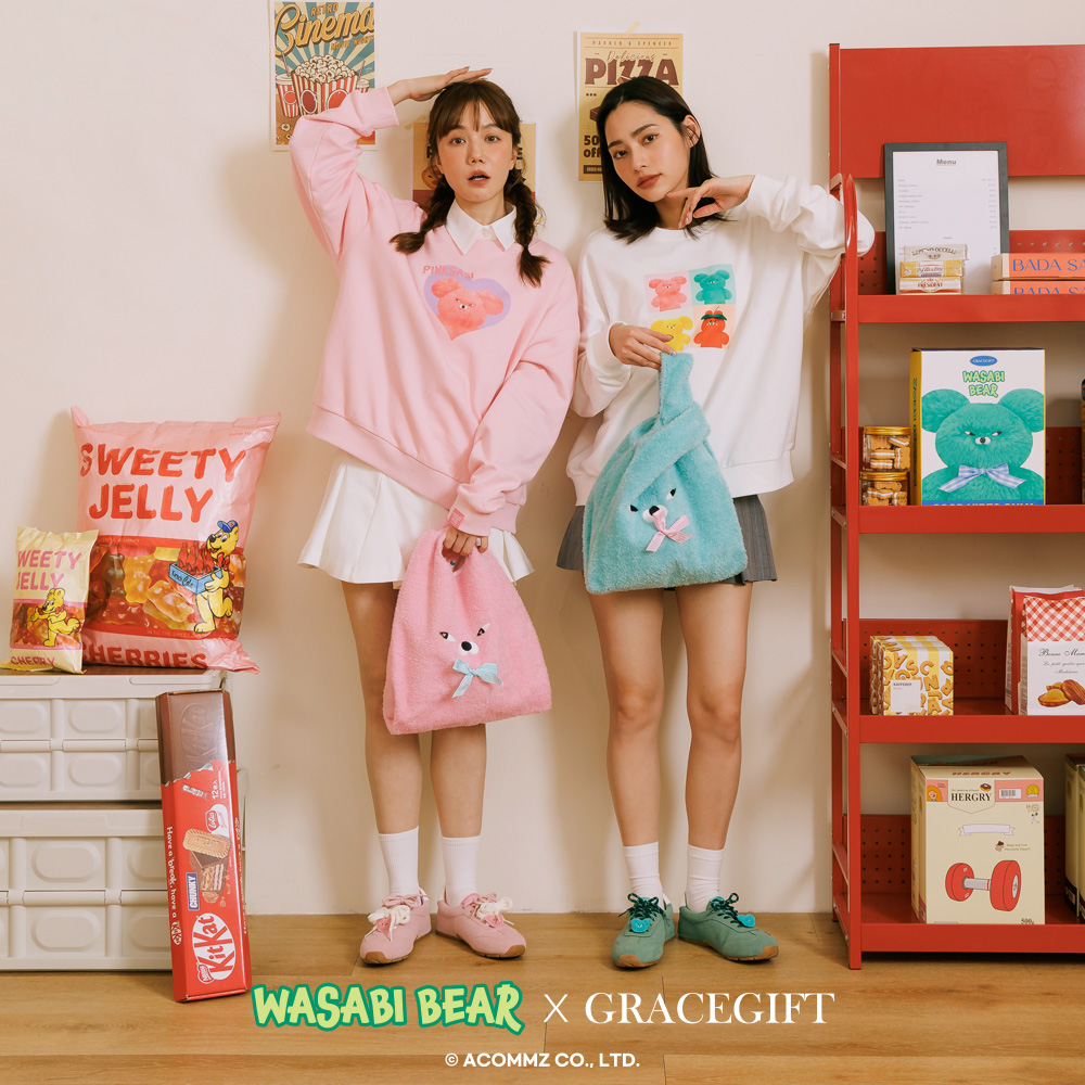 Grace Gift Wasabi Bear 聯名 芥末熊 絨毛蝴蝶結手提袋 藍綠色 可愛提袋 實拍圖