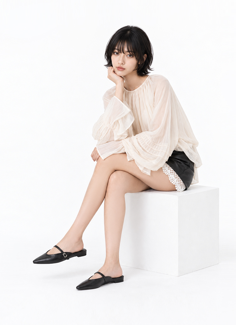 GraceGift平價女鞋 韓系俐落美型尖頭穆勒鞋 黑色