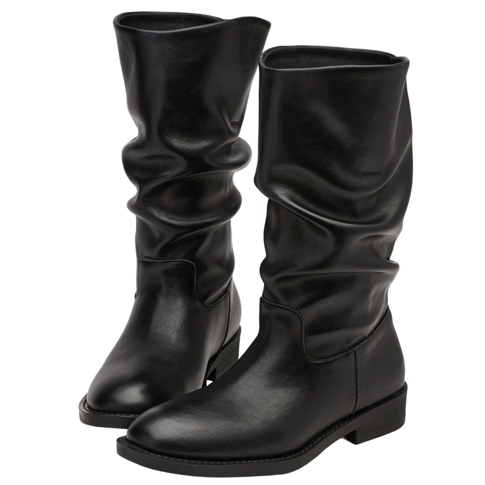 美腿神器小V口堆堆中筒海盜靴 黑