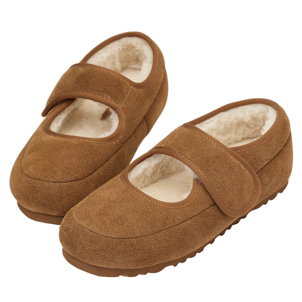 輕甜冬日真皮毛毛輕量瑪莉珍平底鞋 棕