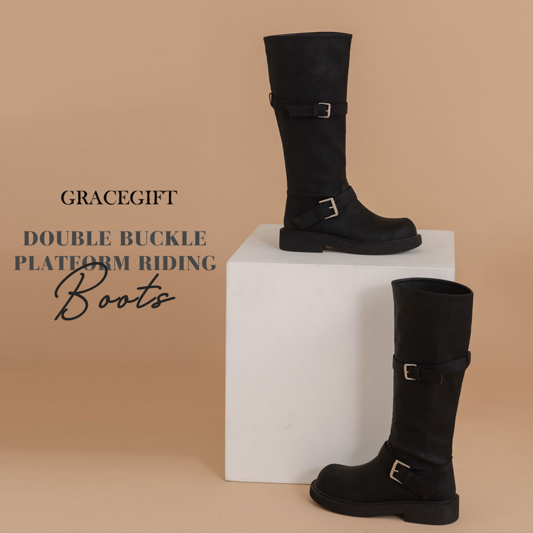 GraceGift平價女鞋 長靴黑色素面靴身搭配鞋口與踝部雙扣帶設計