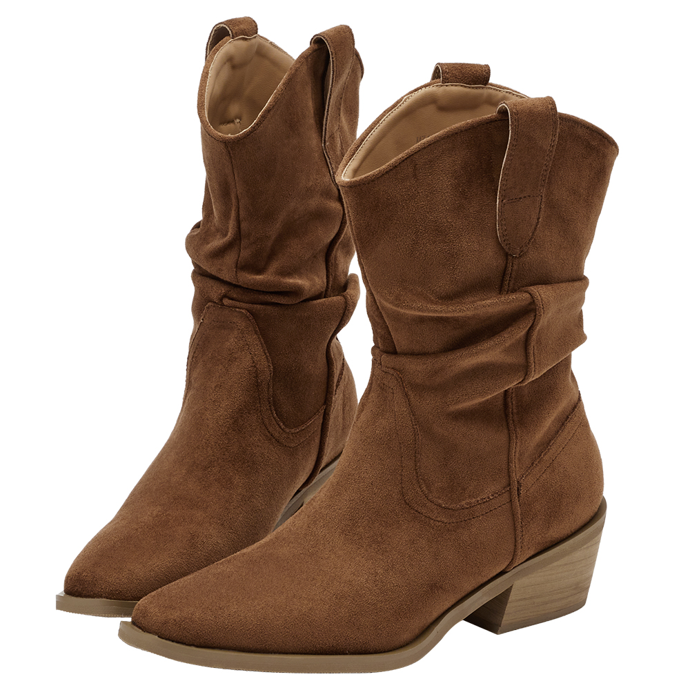 波希米亞尖頭V口絨布堆堆西部靴 棕