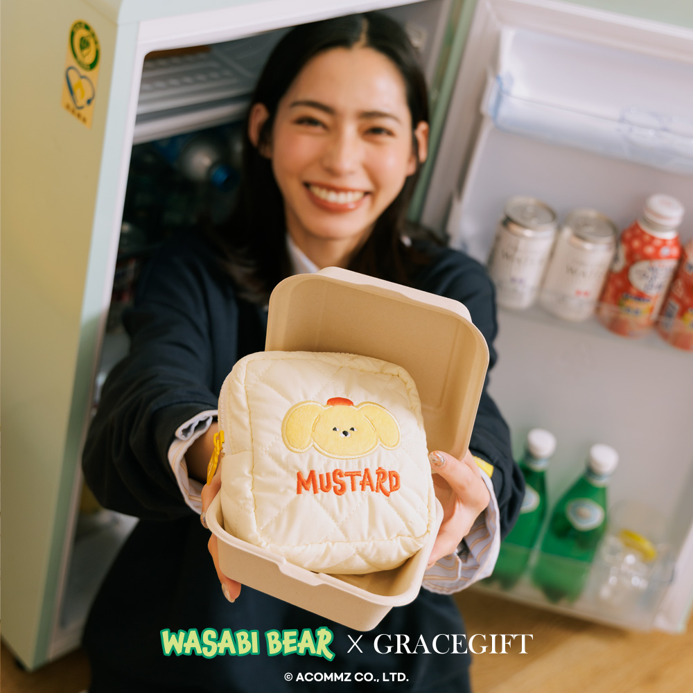 GraceGift Wasabi Bear聯名 黃芥末熊 格紋鋪棉收納包 粉色 實拍圖