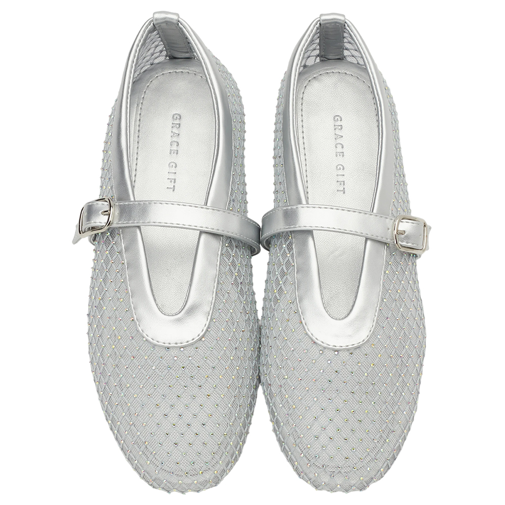 Grace Gift 平價女鞋 夢幻細鑽 編織網面瑪莉珍鞋 銀色 平底瑪莉珍鞋 實拍圖