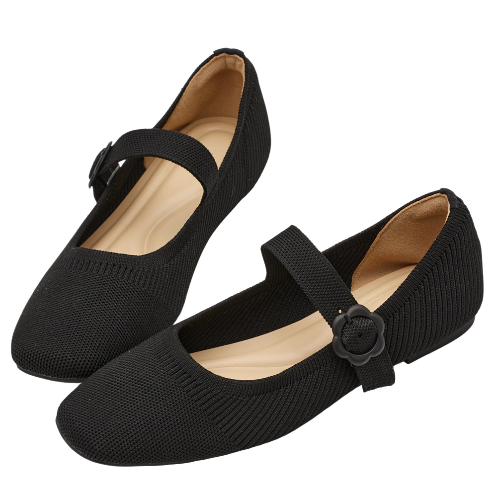 Grace Gift 平價女鞋 零著感方頭 花釦柔織軟墊瑪莉珍鞋 黑色 平底瑪莉珍鞋 實拍圖