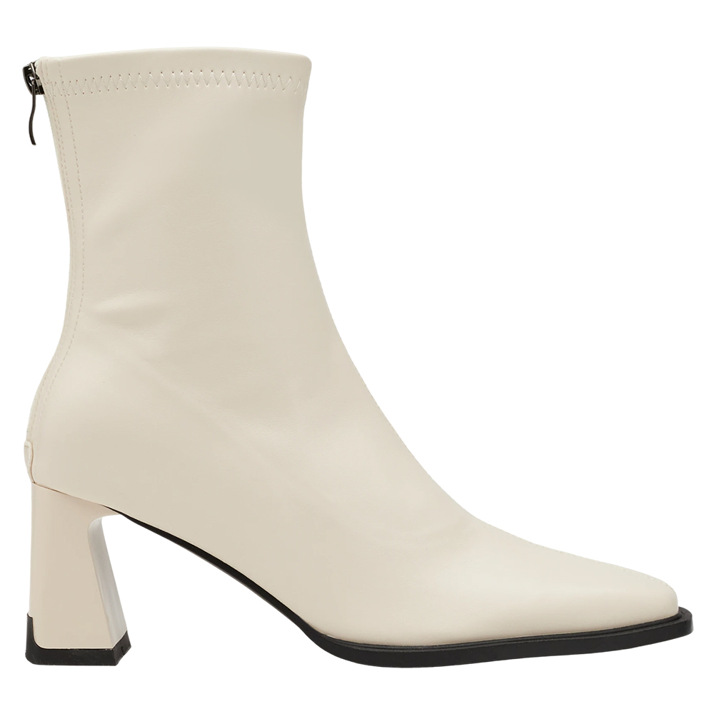 時髦歐膩方頭後拉鍊車線高跟襪靴 米白