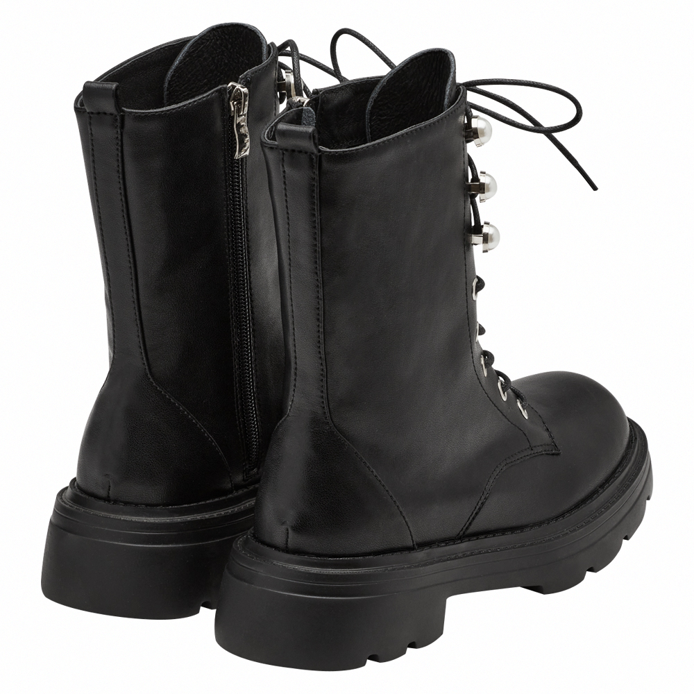 小貓聯名-名媛微光珍珠輕量厚底綁帶靴 黑