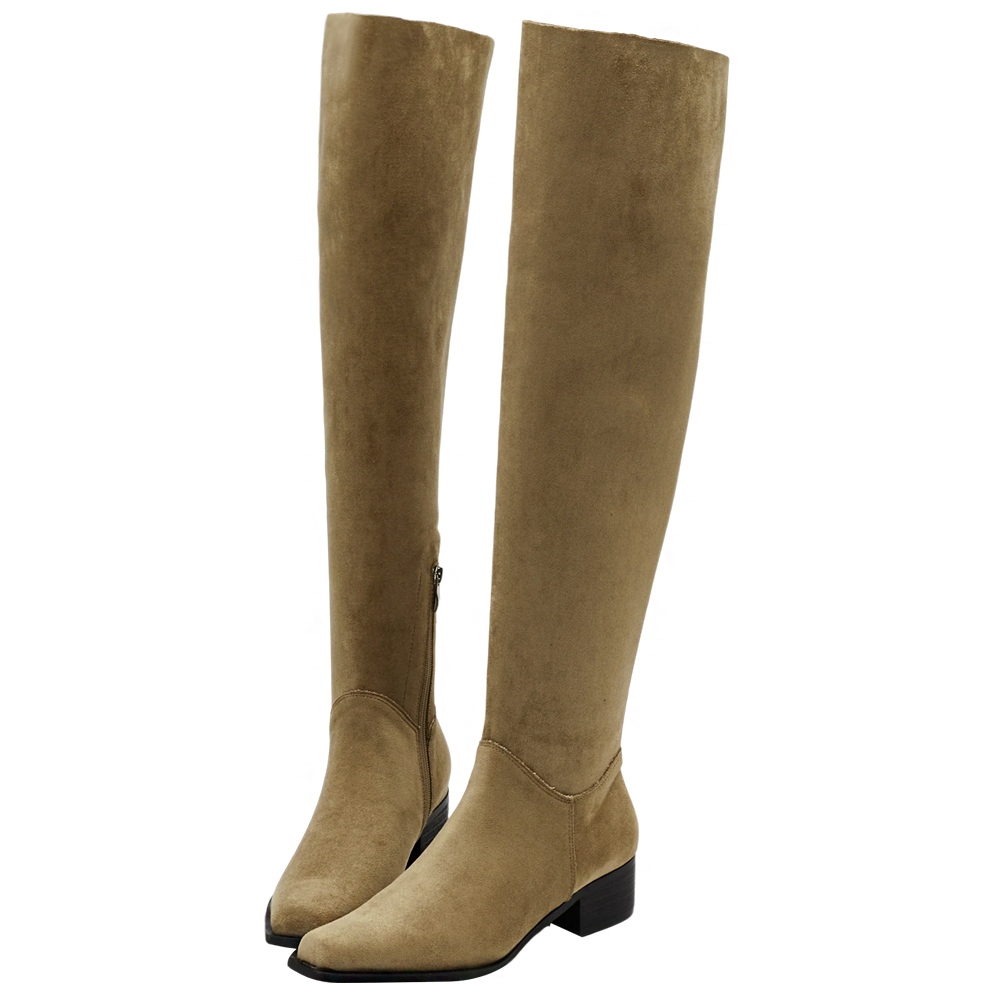 溫柔歐膩3way絨布過膝堆堆長靴 卡其