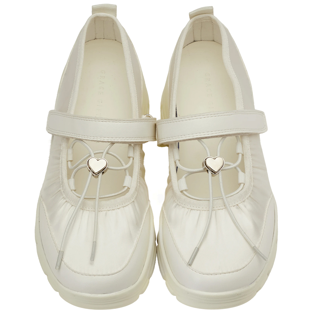 GraceGift平價女鞋 愛心 交叉繫繩 輕量厚底 芭蕾舞運動鞋 米白