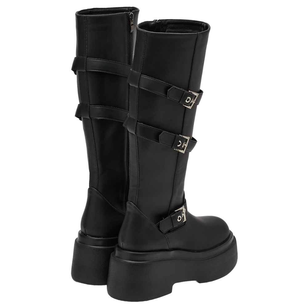 悅悅聯名-紐約街頭刷色扣環輕量厚底長靴 黑