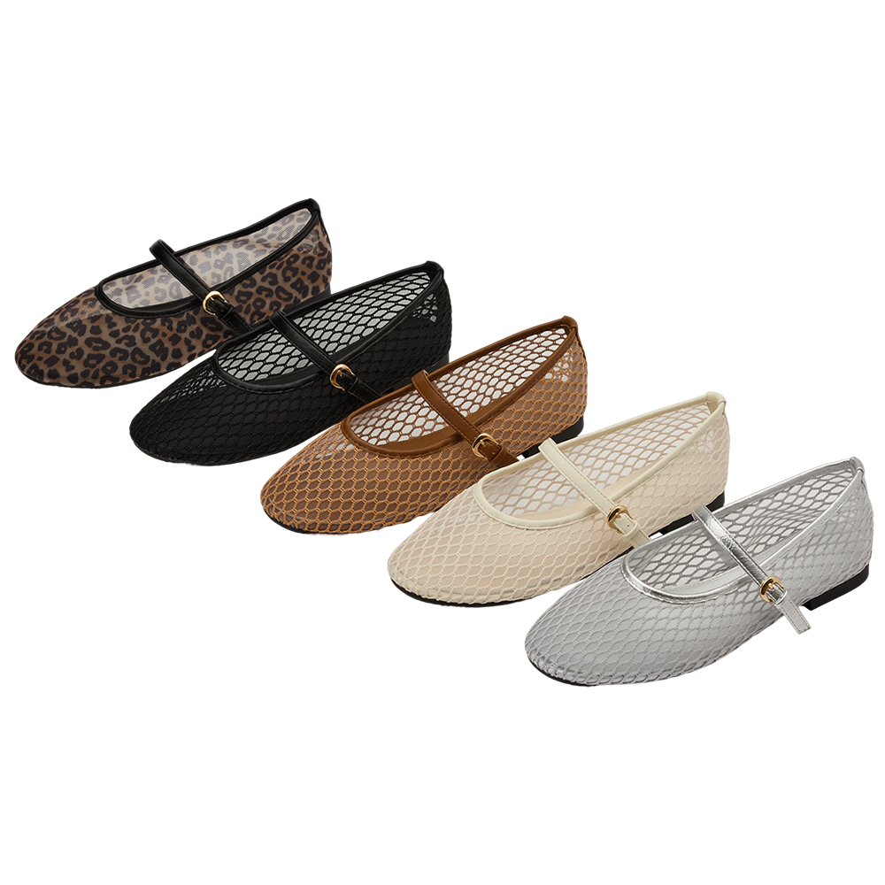 GraceGift平價女鞋 名人時尚 透膚網面 平底瑪莉珍鞋 豹紋