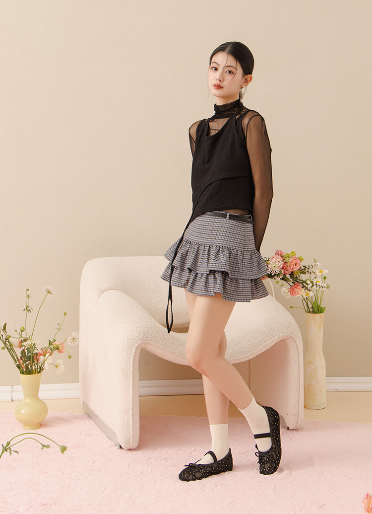 GraceGift平價女鞋 春日花園 蝴蝶結網紗 平底瑪莉珍鞋 黑色