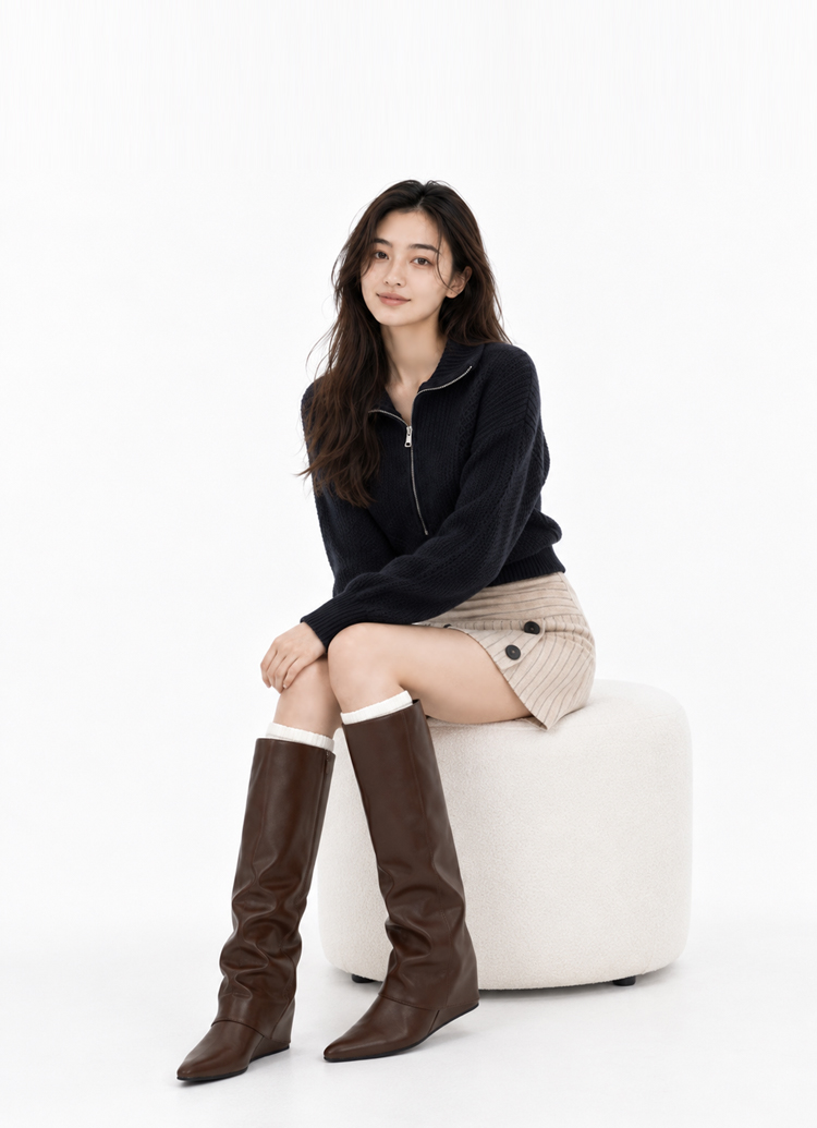 GraceGift平價女鞋 合成皮革堆皺設計的咖啡色尖頭長靴