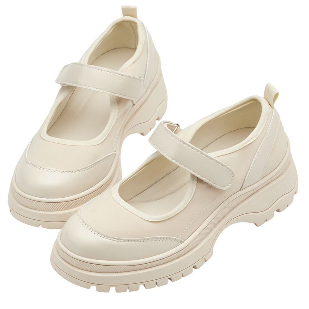 輕運動風拼接魔鬼氈瑪莉珍運動鞋 米白