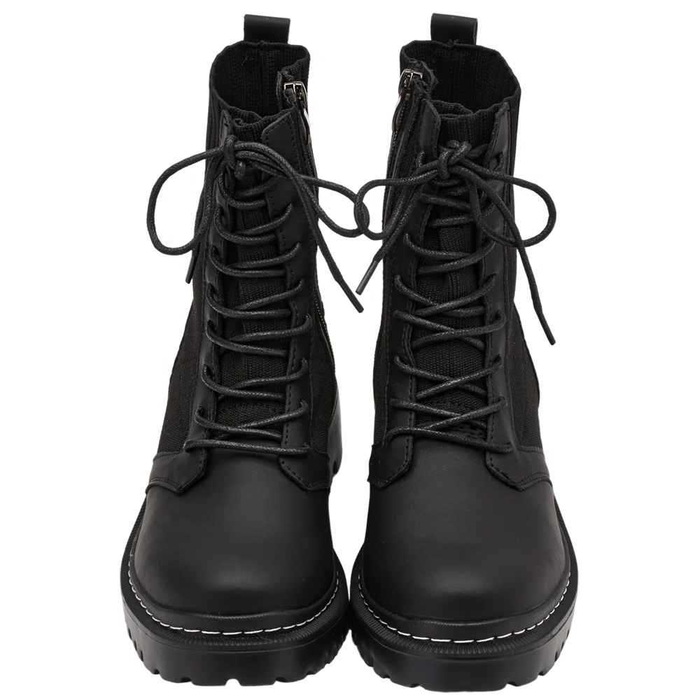 薛妞妞聯名-真皮針織綁帶軍靴 黑