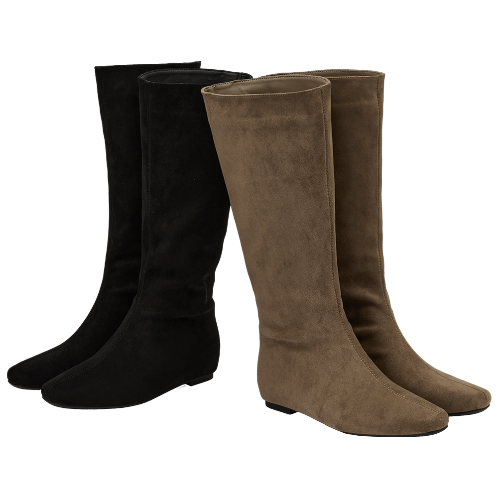 柔感美腿方頭絨布內增高堆堆長靴 黑