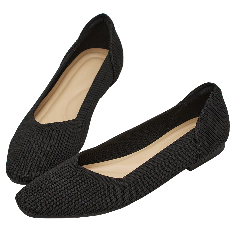 GraceGift 平價女鞋 零著感 方頭柔織軟墊娃娃鞋 黑色 平底娃娃鞋 實拍圖