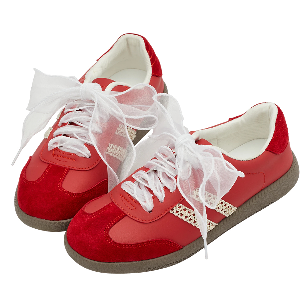 GraceGift 平價女鞋 復古摩登 真皮拼接薄底德訓鞋 附柔光紗帶 正紅色 實品圖