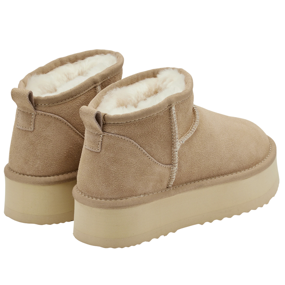 經典百搭牛麂皮羊毛短筒厚底雪靴 杏