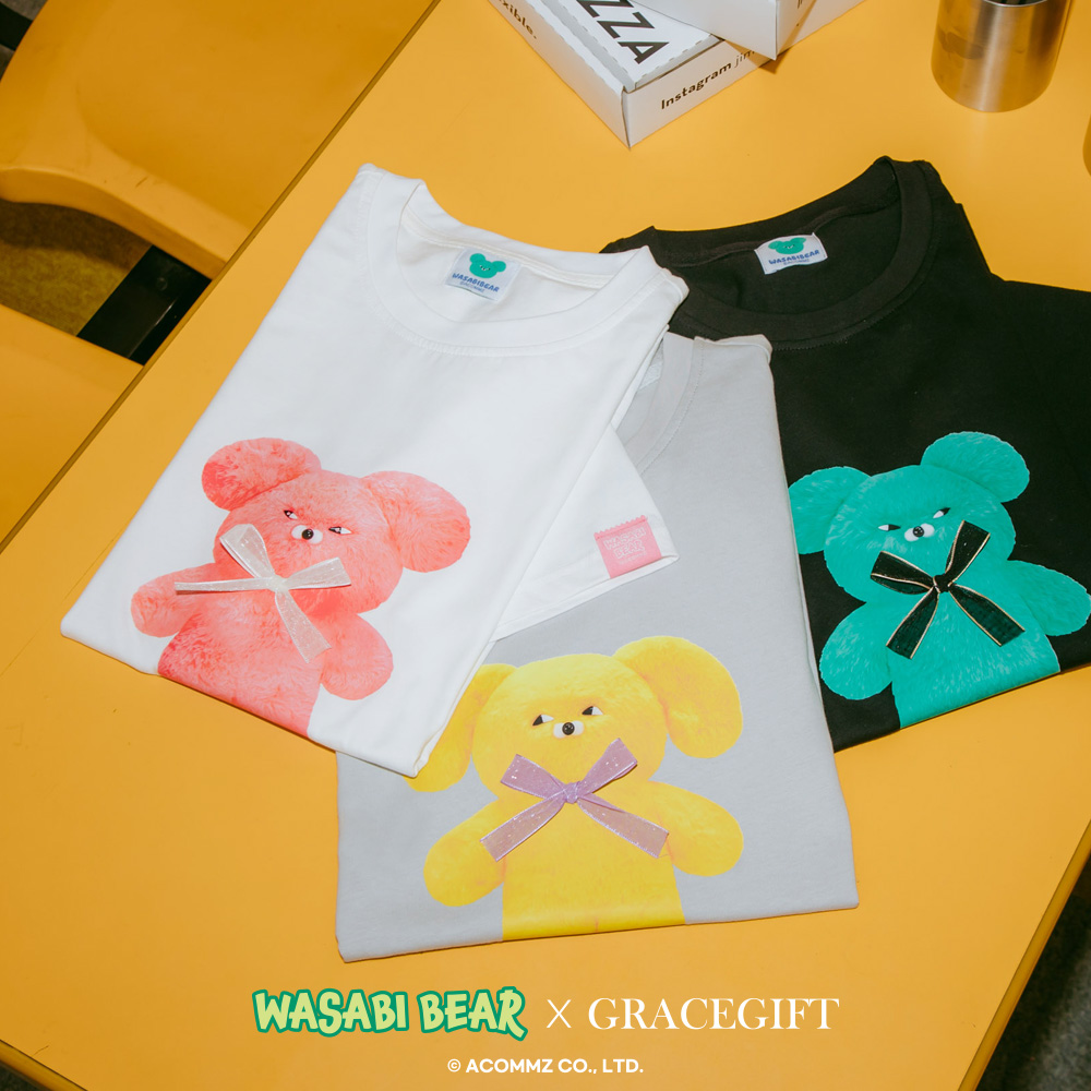 GraceGift Wasabi Bear聯名 黃芥末熊緞帶蝴蝶結短袖T恤 灰