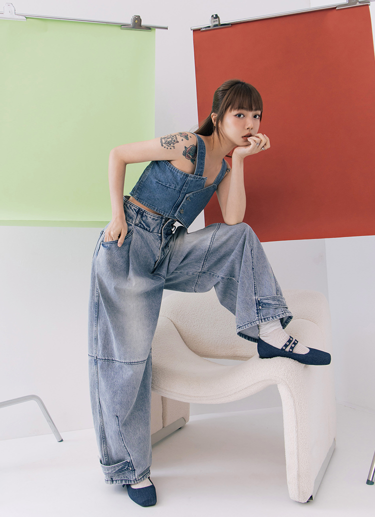 Grace Gift 李柔聯名 甜酷序曲 方頭金屬雙帶芭蕾舞瑪莉珍鞋 牛仔色