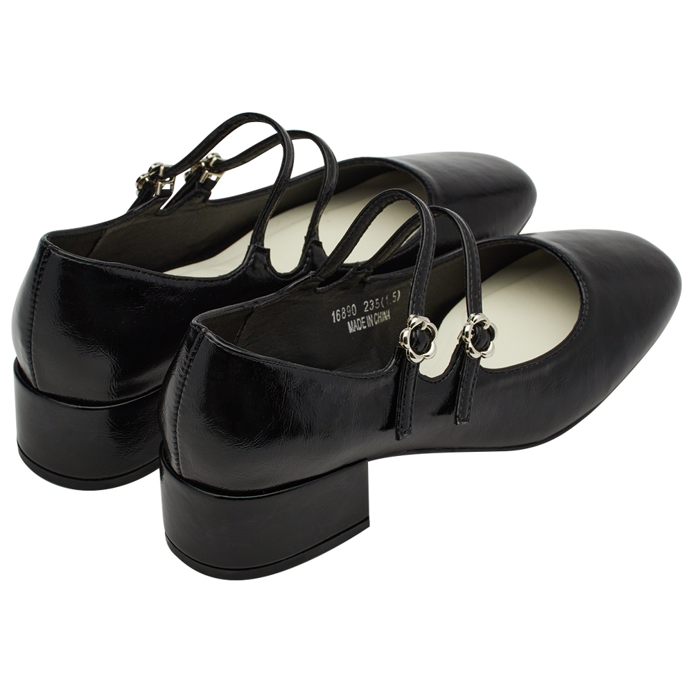 GraceGift平價女鞋 時尚秀場 方圓頭 瑪黑穿搭小花扣環雙帶中跟瑪莉珍鞋 黑色