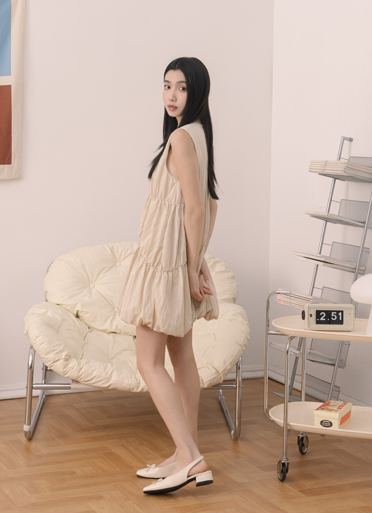 GraceGift平價女鞋 時尚秀場 方頭 韓系清新蝴蝶結後空跟鞋 米白色