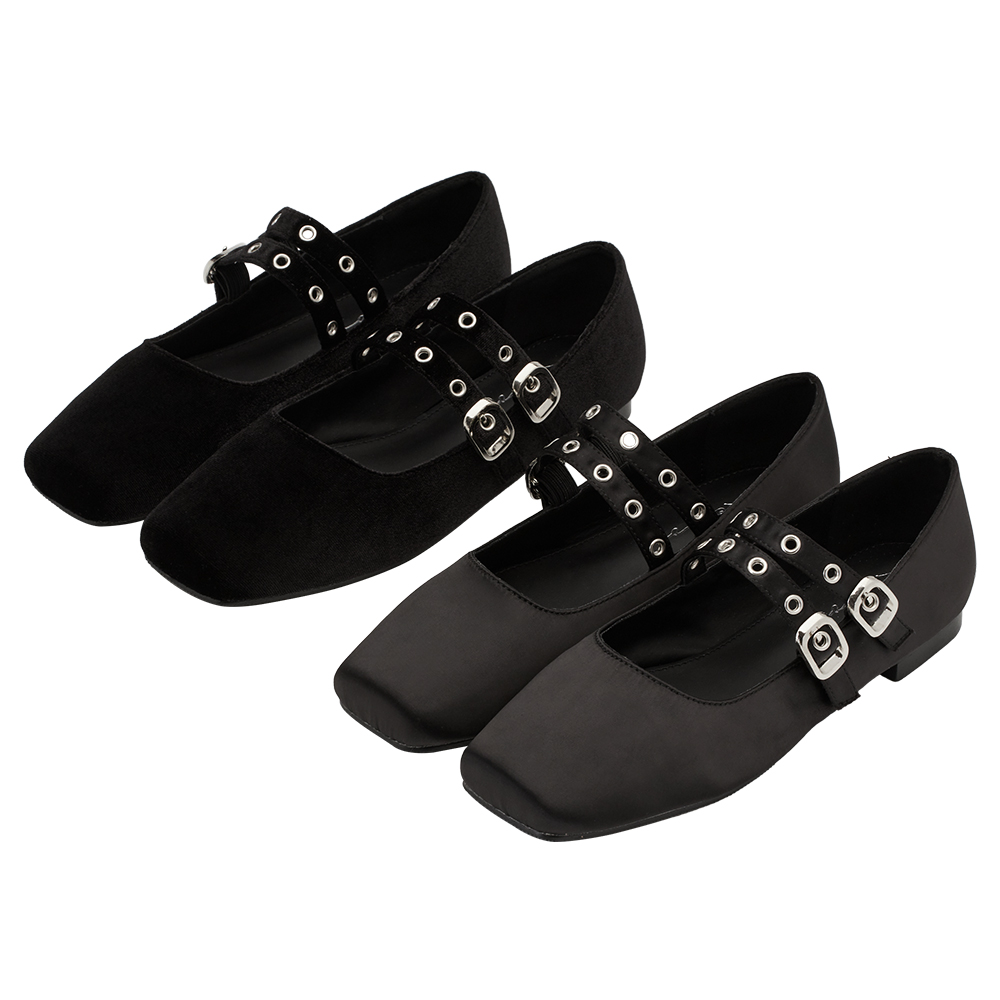 李柔聯名-甜酷序曲方頭金屬雙帶芭蕾舞瑪莉珍鞋 黑絨布