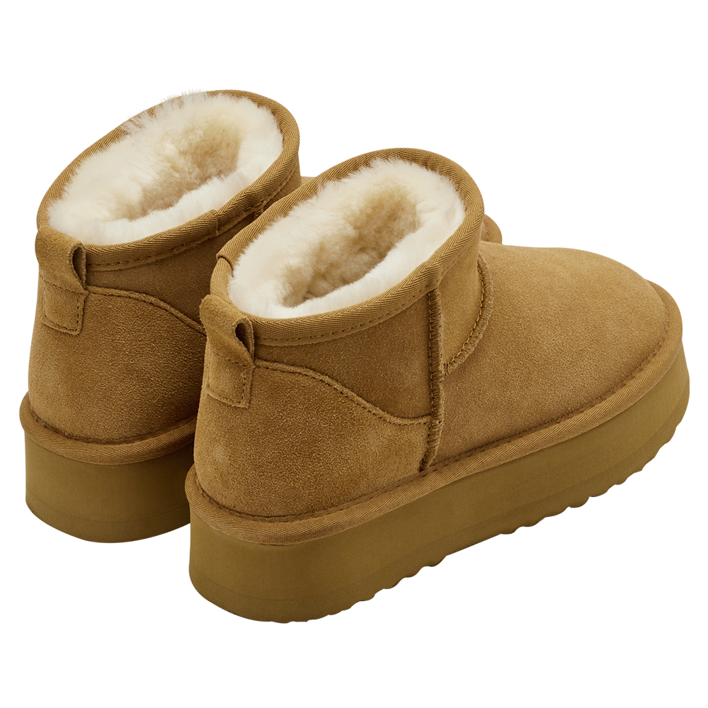 經典百搭牛麂皮羊毛短筒厚底雪靴 栗子