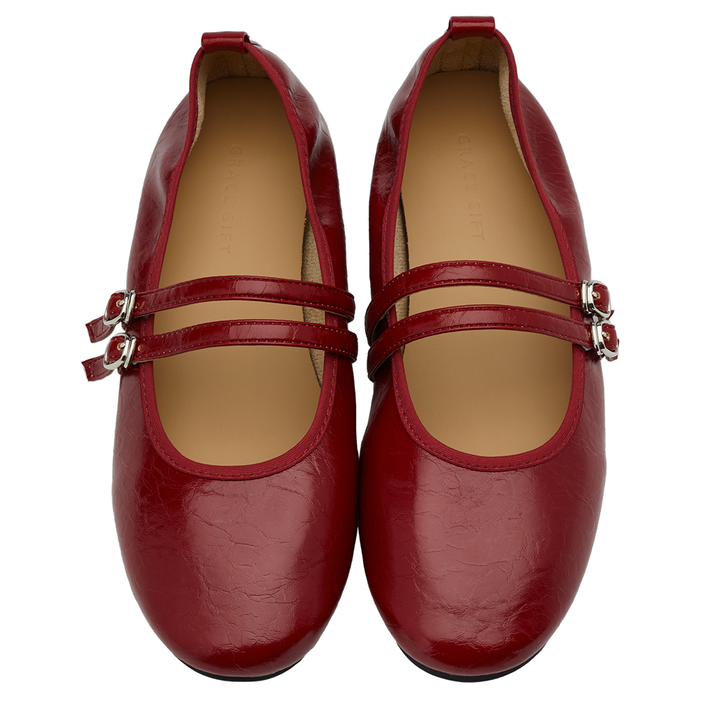 GraceGift平價女鞋 時尚秀場 圓頭 奶油雲朵極軟加厚乳膠芭蕾瑪莉珍鞋 正紅色