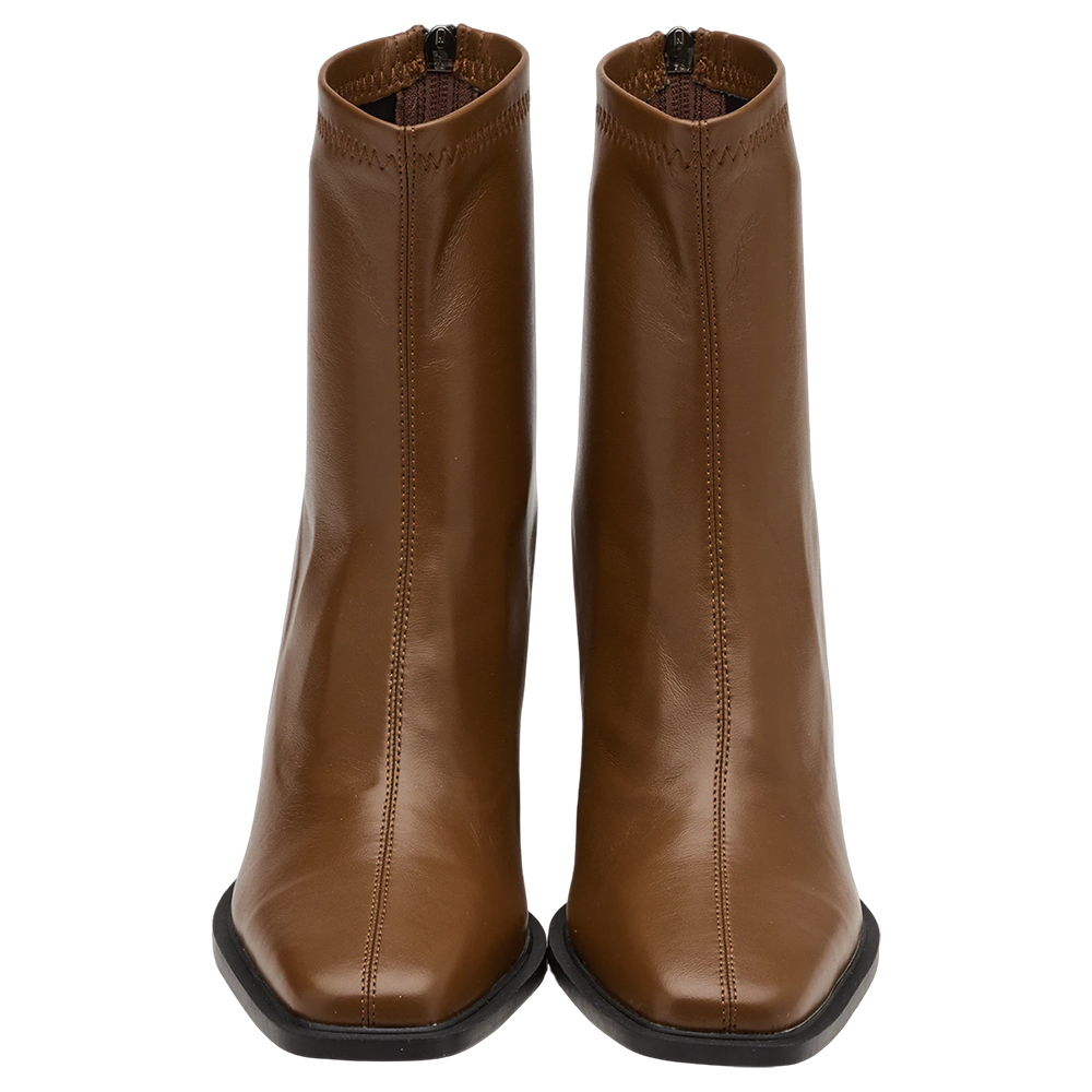 時髦歐膩方頭後拉鍊車線高跟襪靴 咖